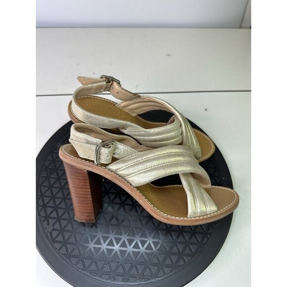 J. Crew Low Block Heel Sandals Ankle Strap Leather Sz 6 Gold - Picture 1 of 10
